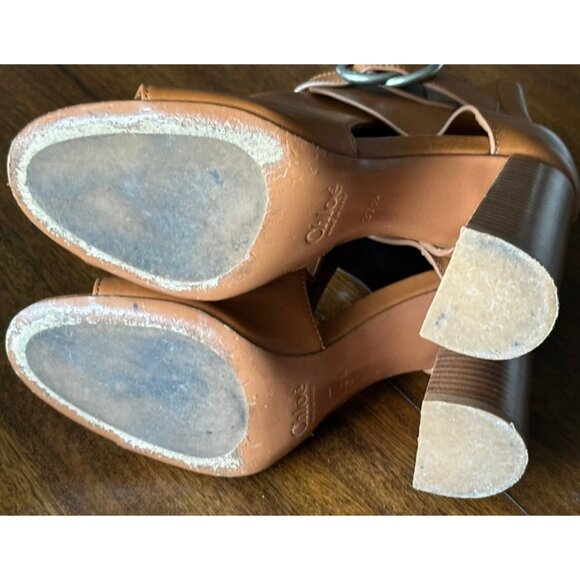 Chloe | Millie Peep Toe Bootie Tan Leather Heels Shoes - Picture 8 of 8